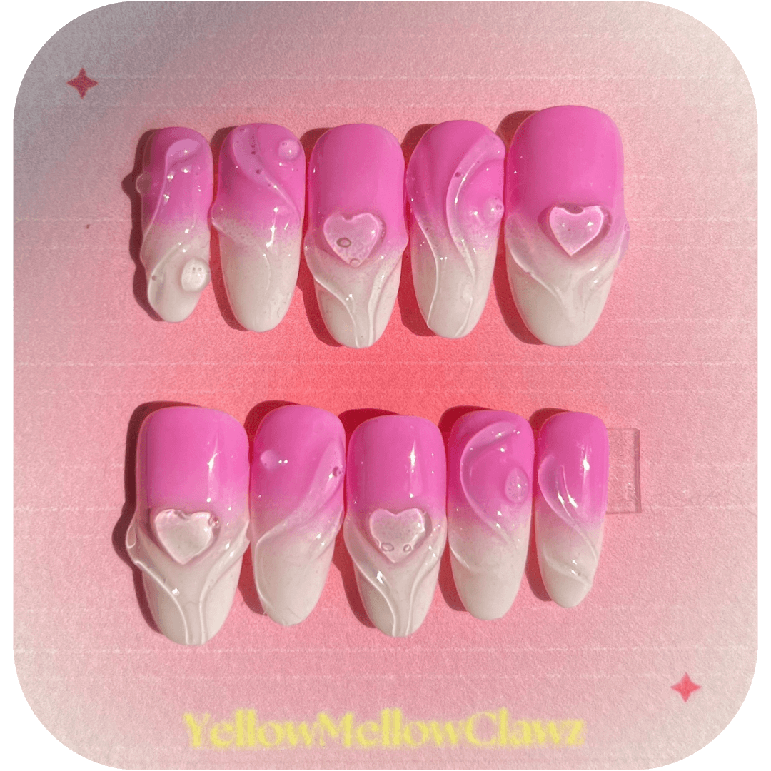Press On Nails Color pink ombre 3D heart nail art YellowMellowClawz
