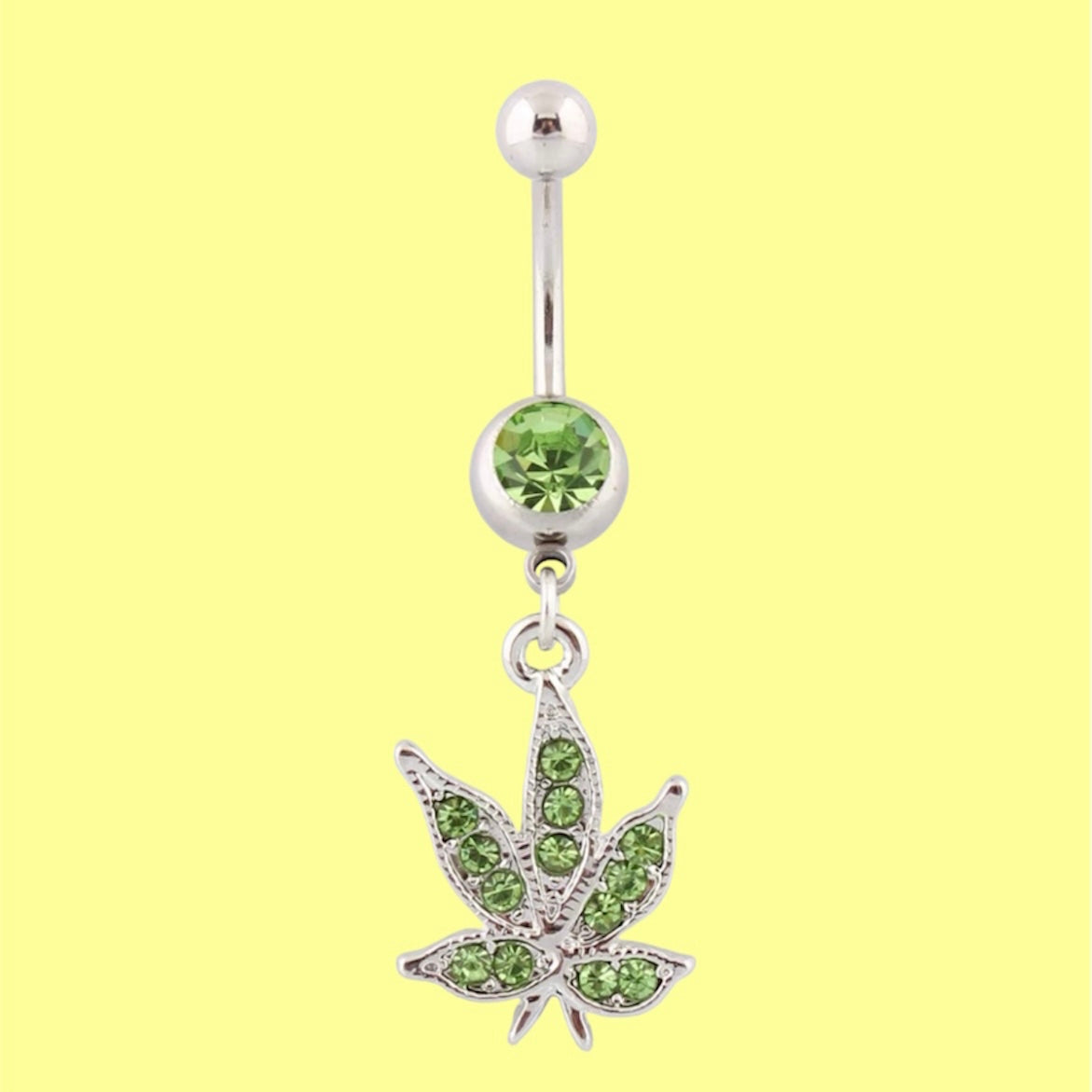 Dangling weed leaf gem belly button ring