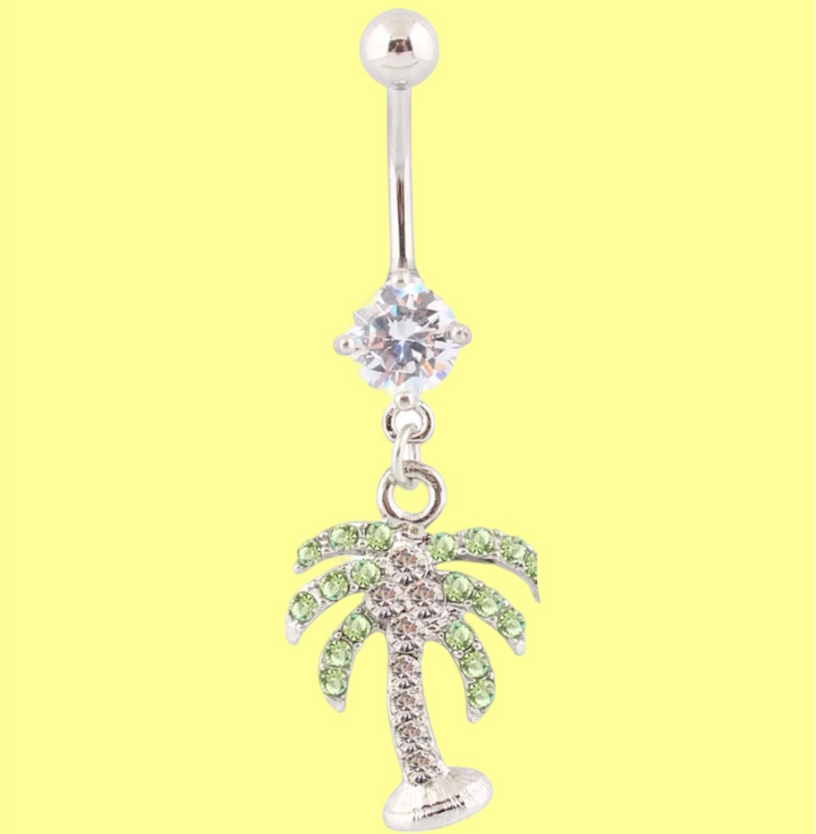 dangling green palmtree gemstone belly button ring