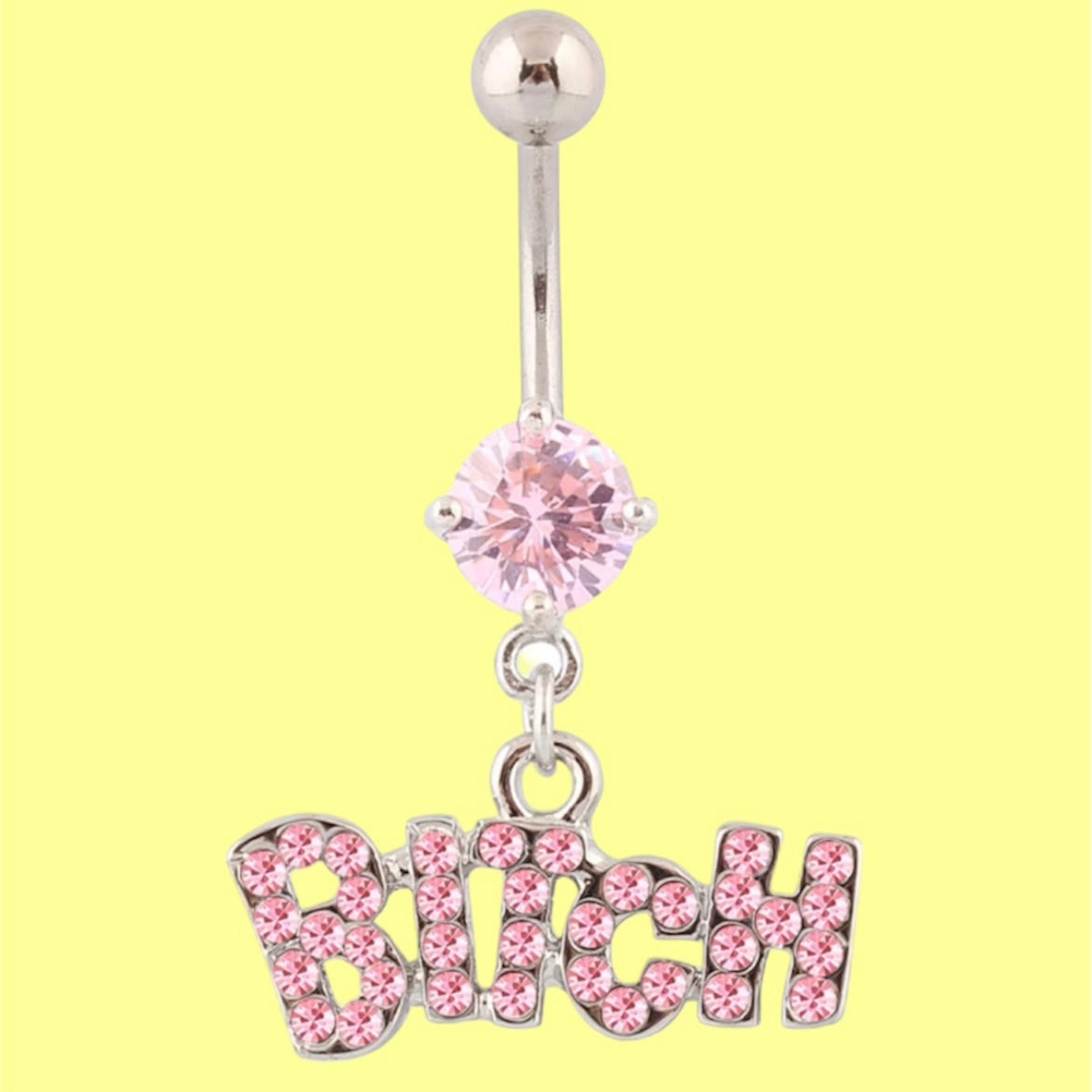 dangling pink bitch gem belly button ring