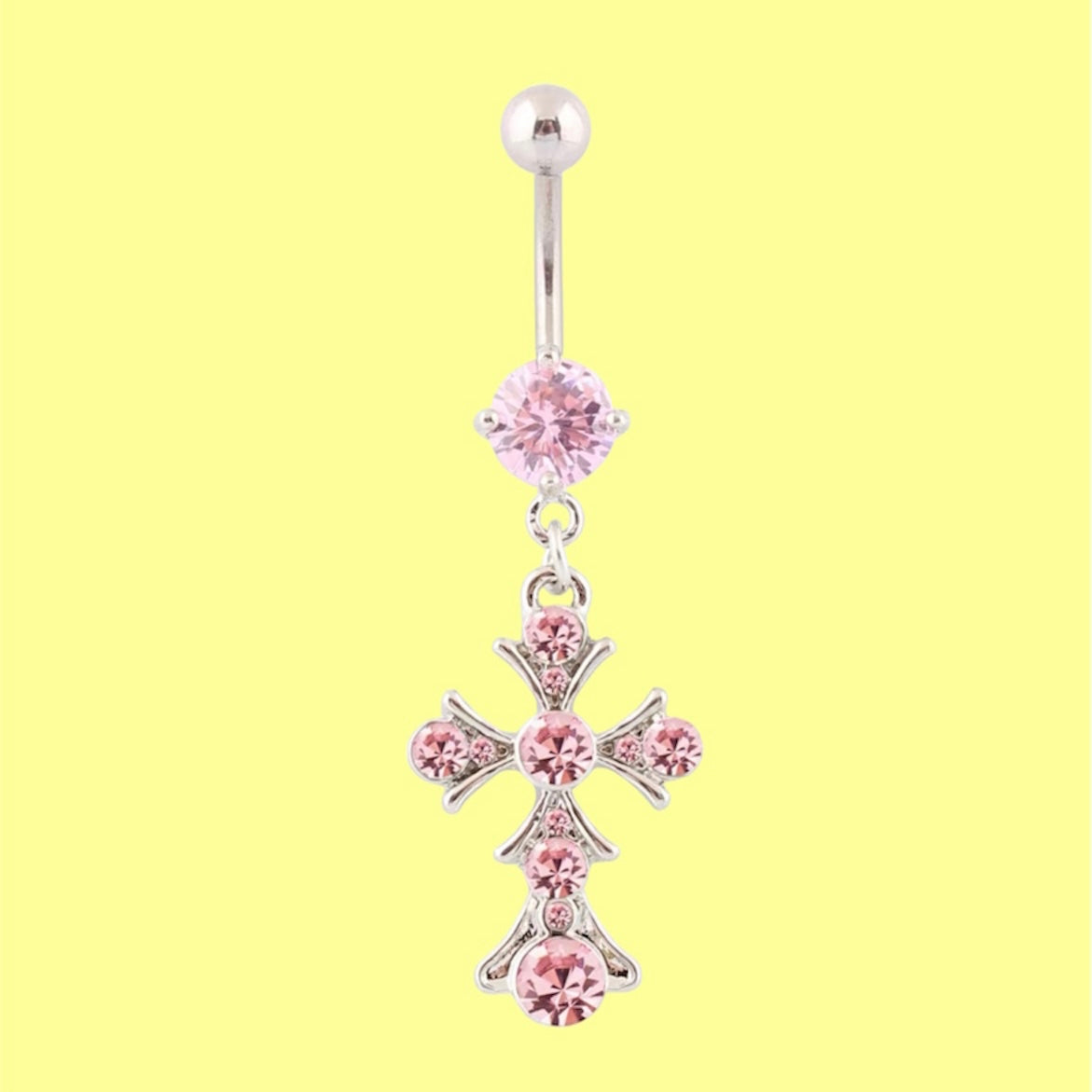 dangling blue gem cross belly button ring