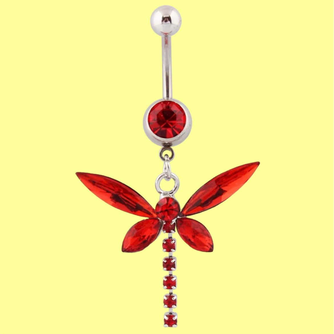 dangling red dragonfly gemstone belly button ring