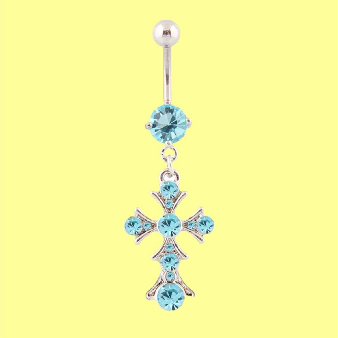 dangling blue gem cross belly button ring