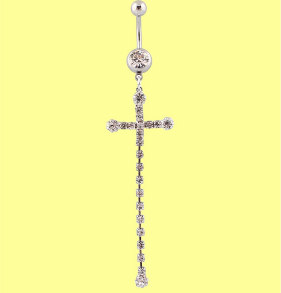 dangling clear long cross gemstone belly button ring
