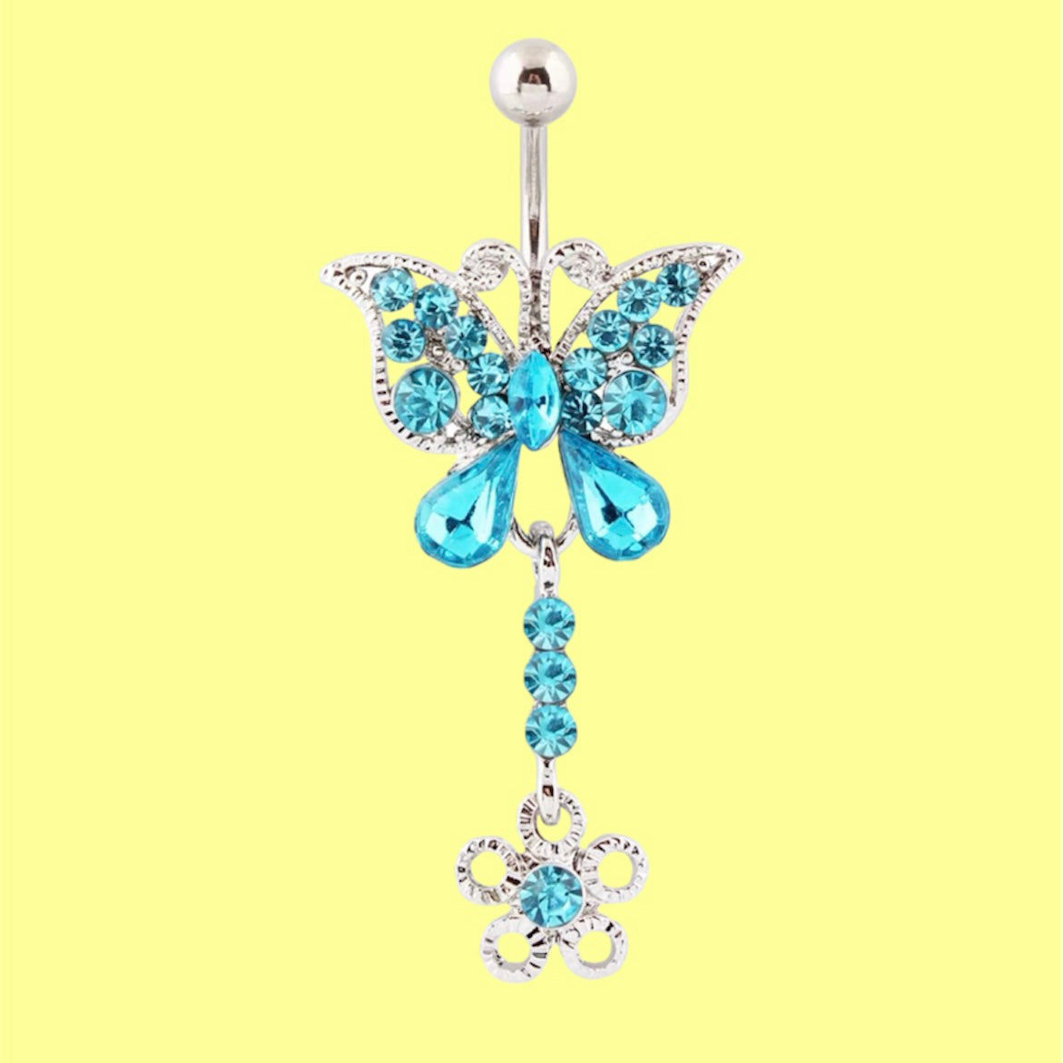 dangling blue butterfly gemstone belly button ring