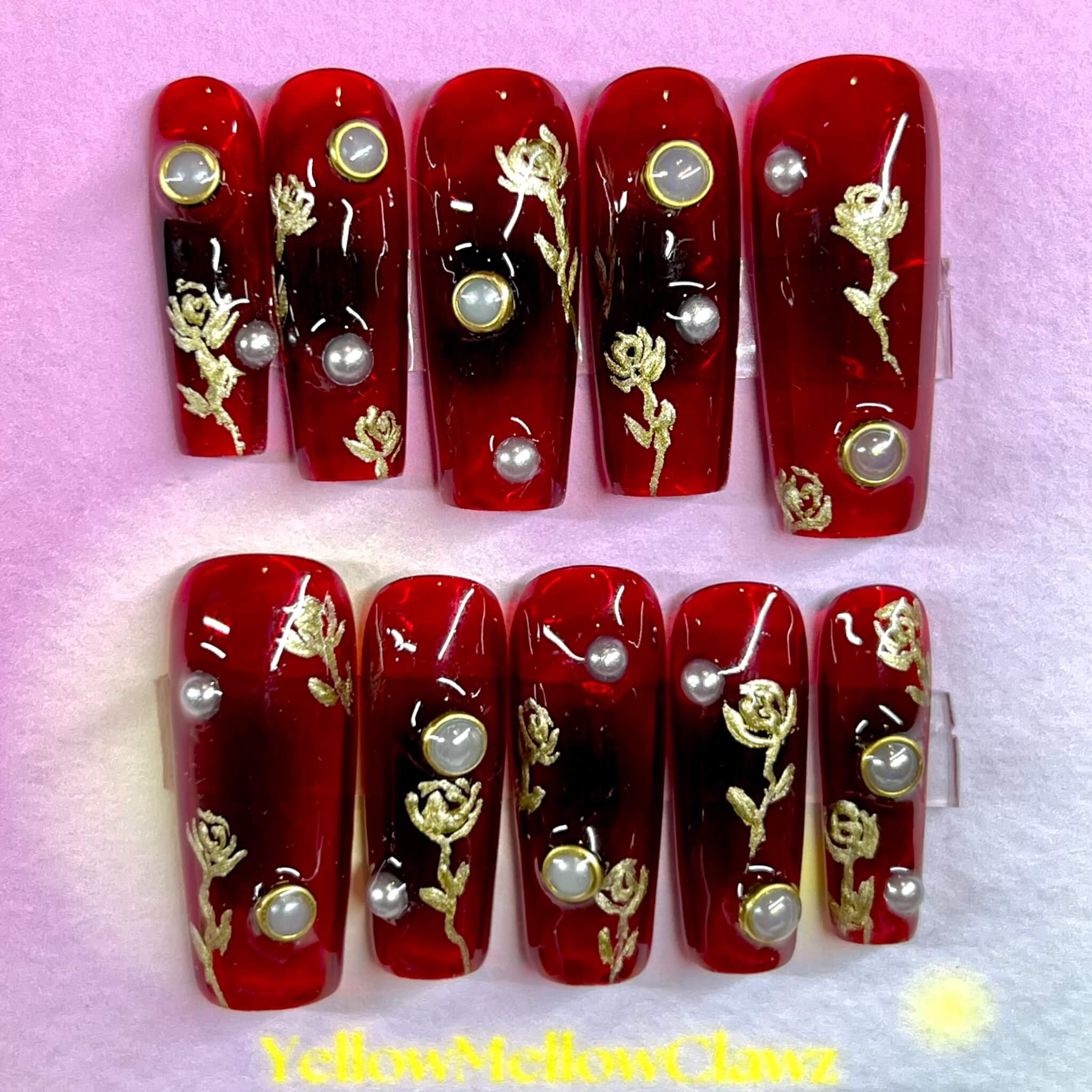 red jelly gold rose hand painted press on nails