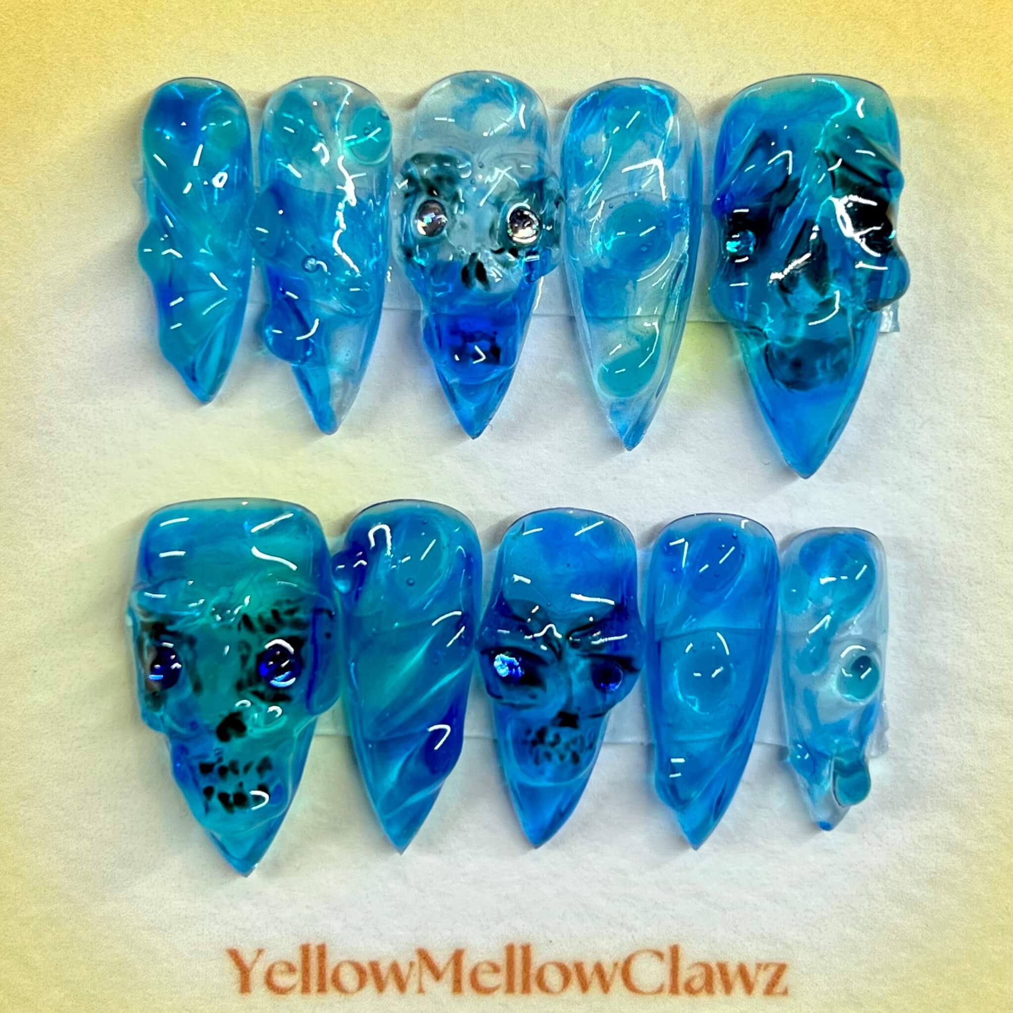 jelly blue skull clear sculpted press on nails