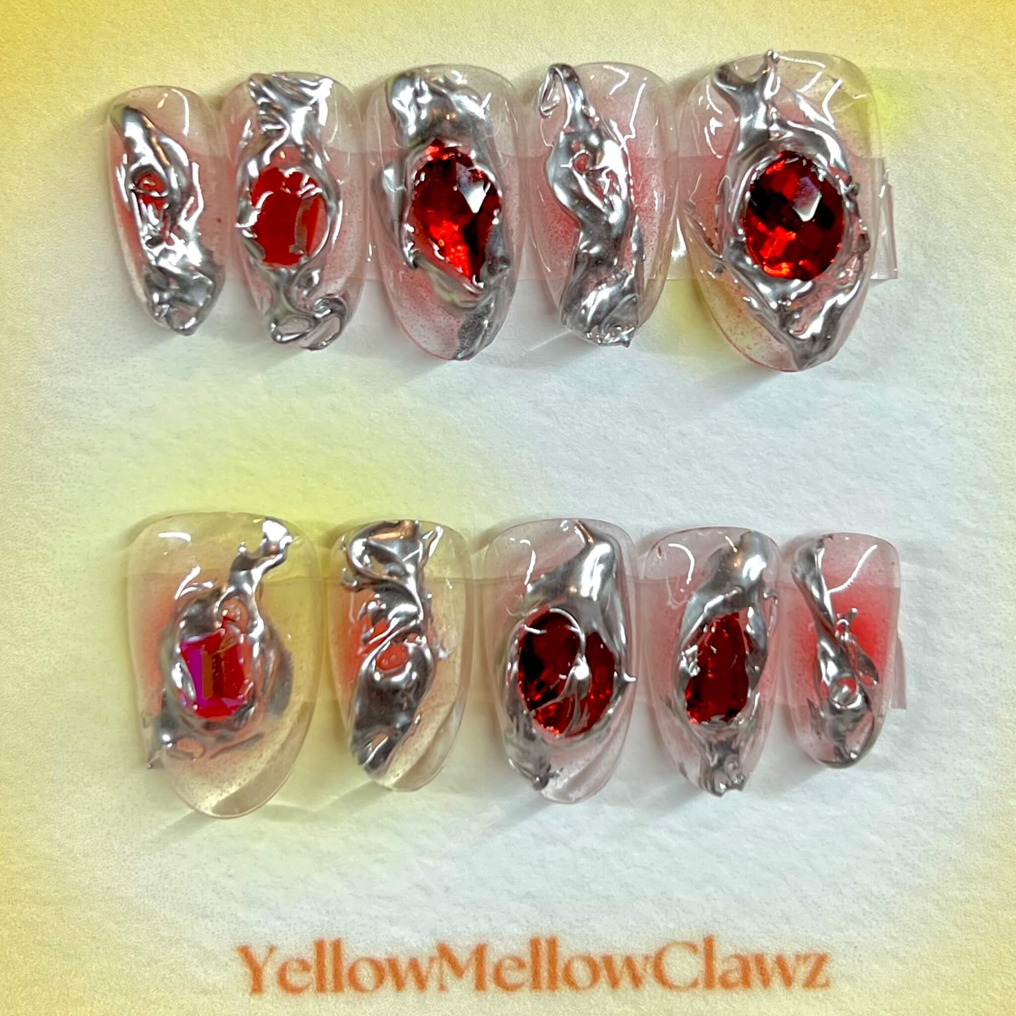 red ruby gemstone silver chrome press on nails